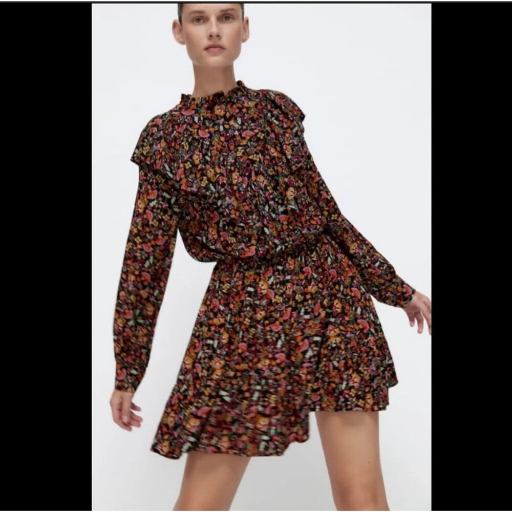 Zara Floral Tiered Mini Dress Womens M Black Ruffle Metallic Shimmer Long Sleeve